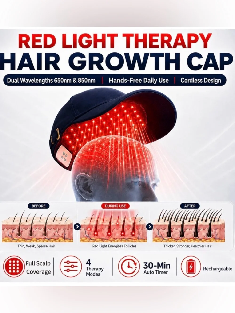 Red Light Therapy Hair Growth Cap – 650nm LLLT, Rechargeable,Blue Hair Growth
